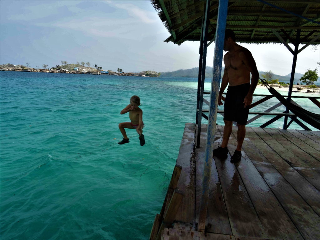 chatounette se jette dans la mer depuis le ponton de lestari, malenge, togian, avec vue sur pulau papan