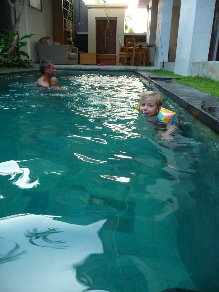 chaton et chatounette dans la piscine de l'hôtel à Sanur