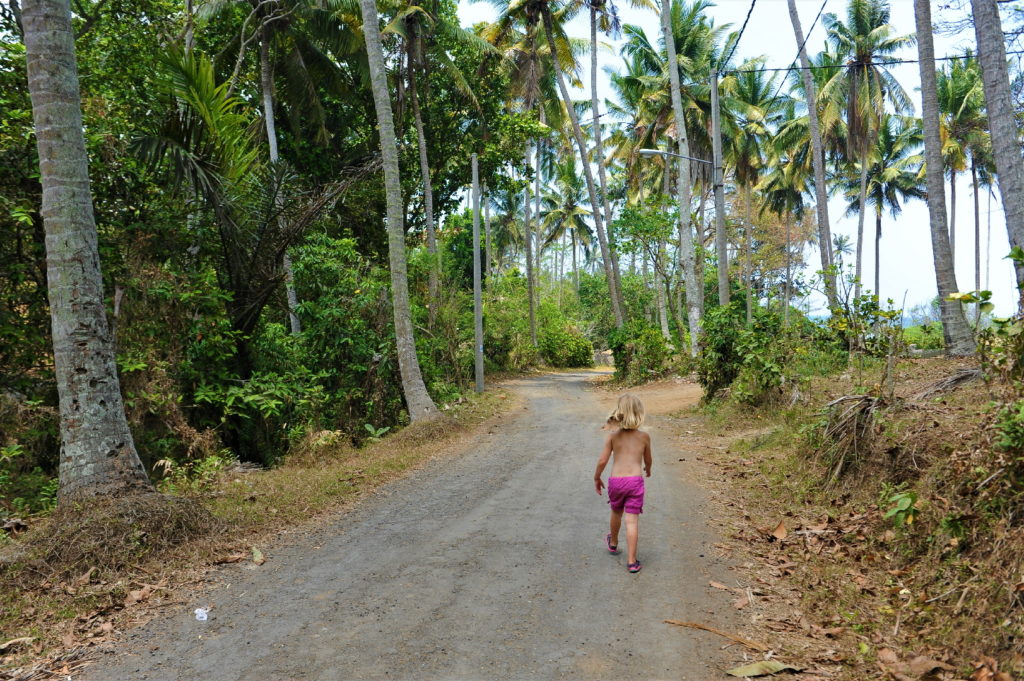 chatounette qui court sur un chemin entre notre logement et la plage de Balian Beach