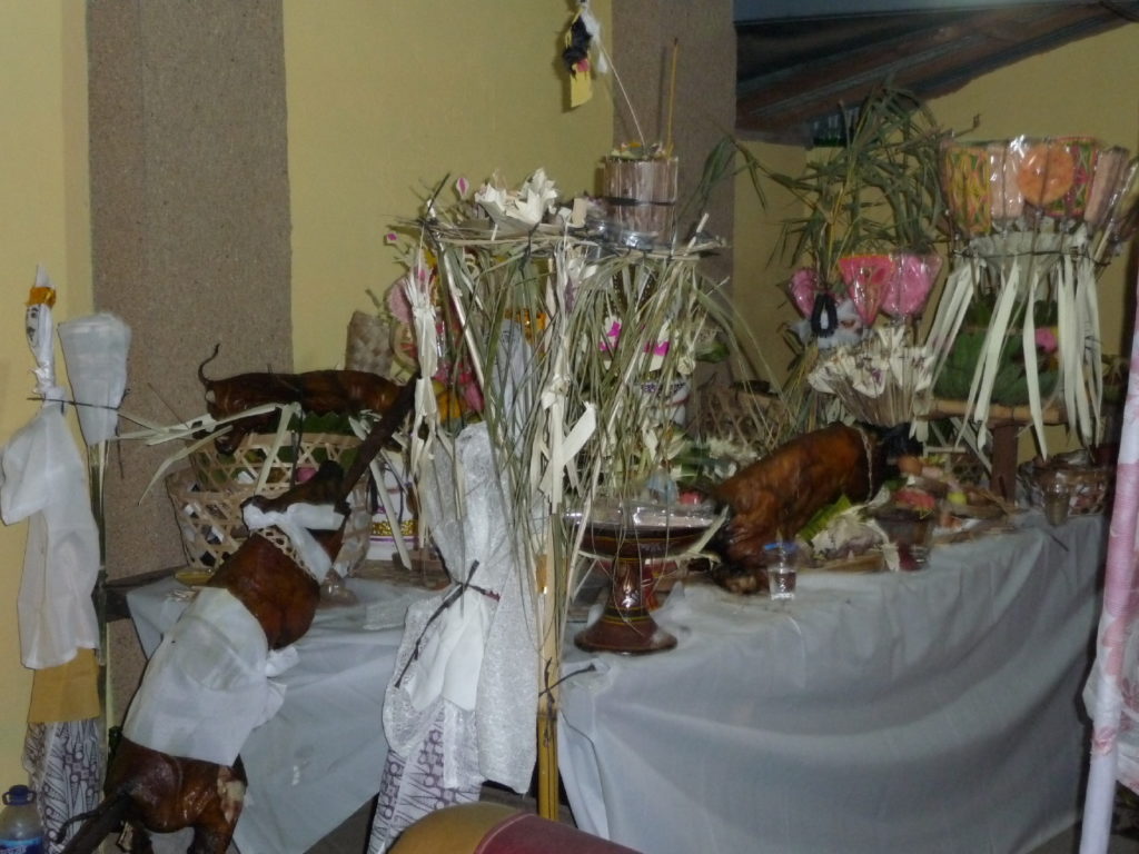 cochons grillés et autres victuailles pour cérémonie mortuaire à Pemuteran
