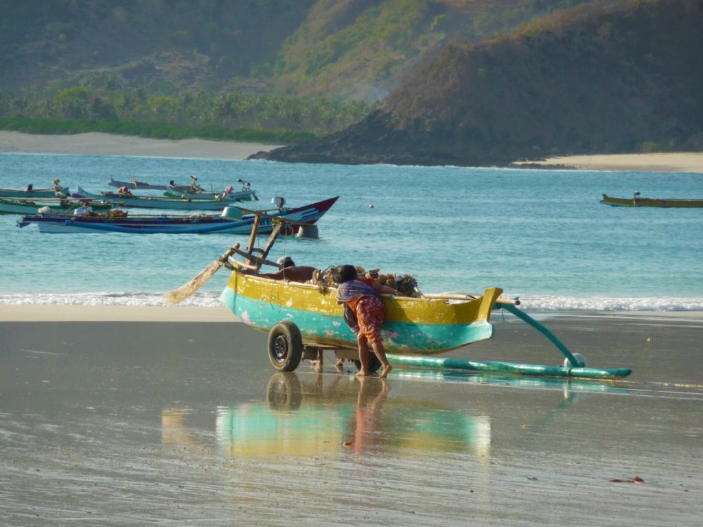 mise à l'eau d'un bateau sur la plage paradisiaque de selong belanak, près de kuta lombok