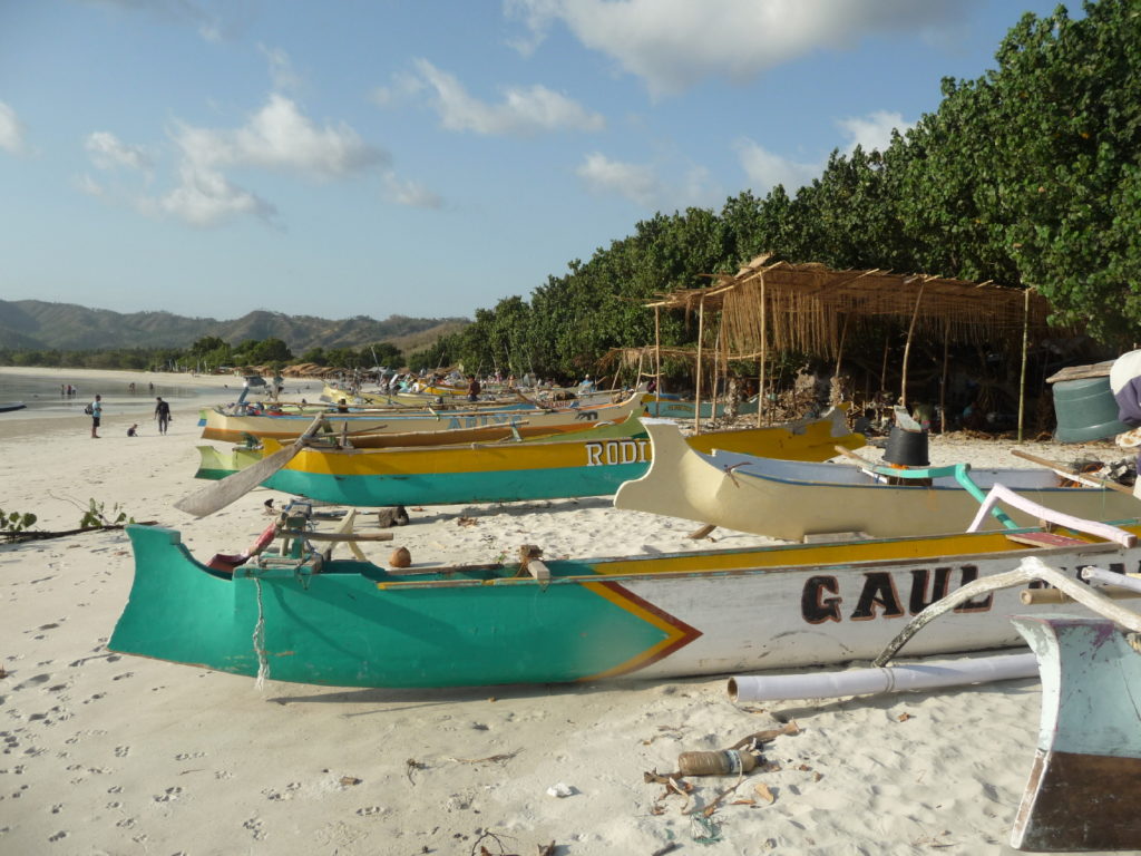 bateaux sur la plage paradisiaque de selong belanak, près de kuta lombok