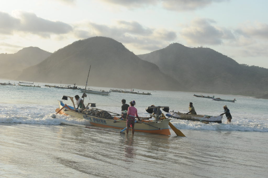 Selong Belanak, plage de rêve de Lombok, au coucher du soleil, pêcheurs s'apprêtant à partir