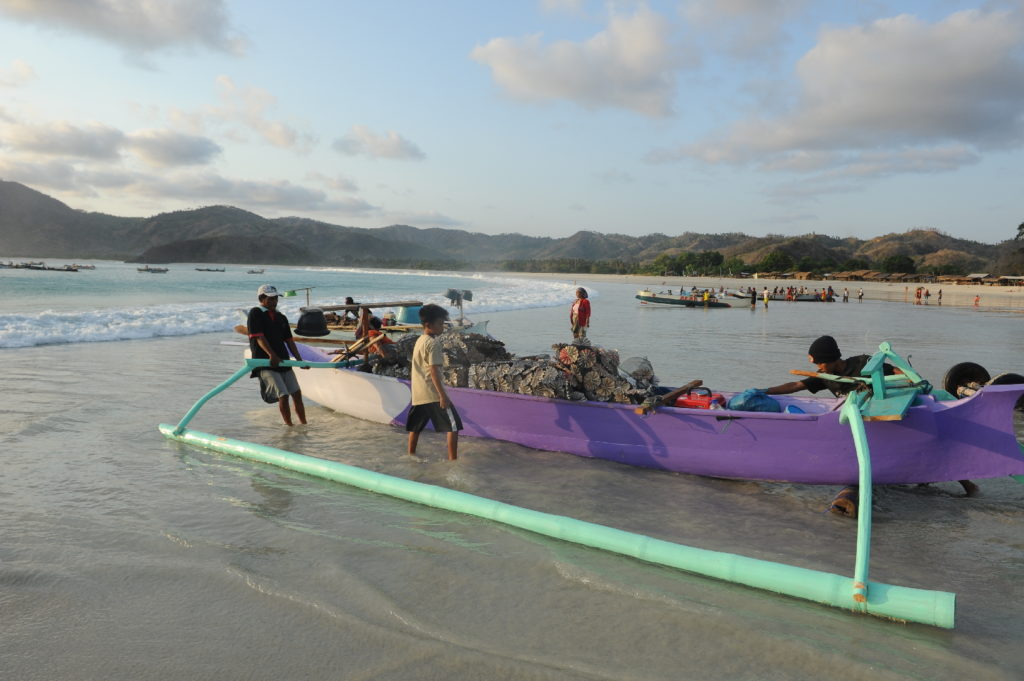 Selong Belanak, plage de rêve de Lombok, au coucher du soleil, pêcheurs poussant le bateau à l'eau