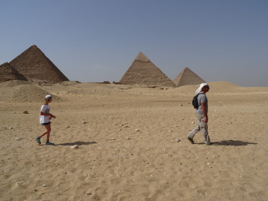 les chaton et chatounette marchant dans le désert devant les pyramides de guizeh : kheops, khephren, mykerinos et les reines