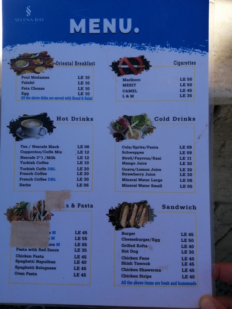 menu du restaurant de selena bay, spot de kitesurf entre hurghada et el gouna