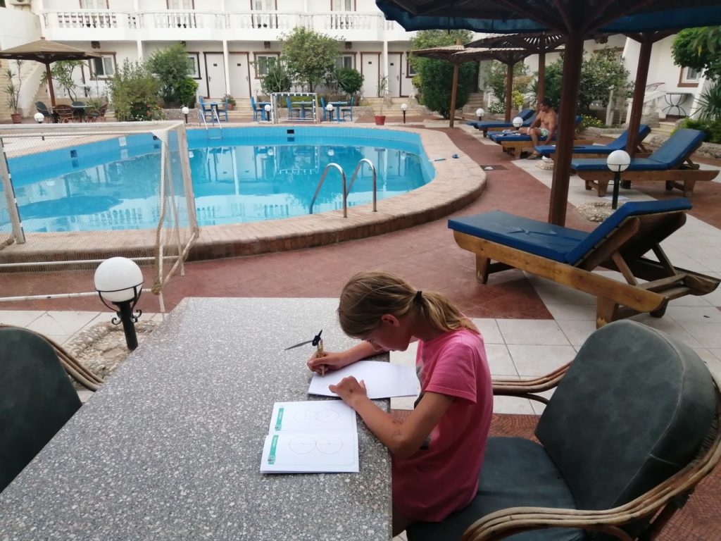 chatounette fait ses devoirs sur le bord de la piscine à hurghada