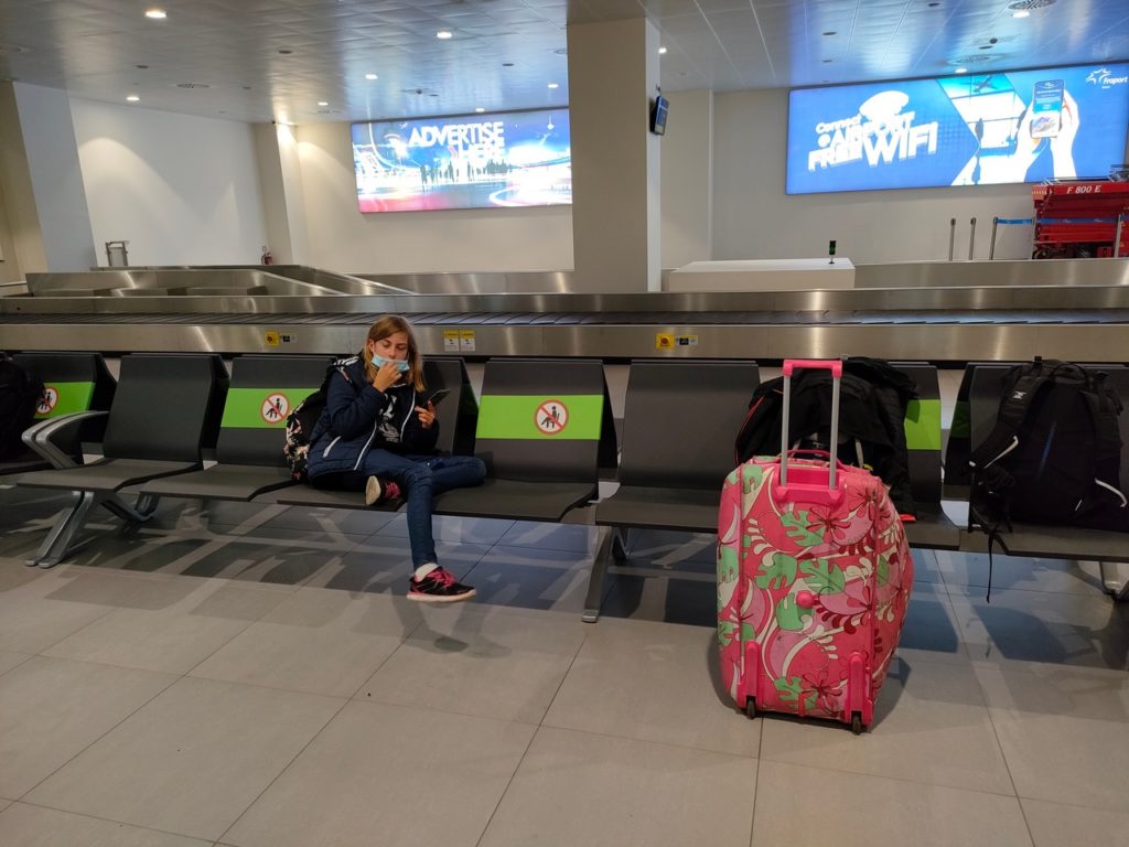 chatounette attend les valises aéroport de santorin